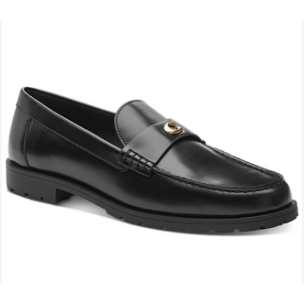 Coach Jocelyn Black Leather Loafers Black Rubber Block Heel Gold Logo Sz-7 NIB